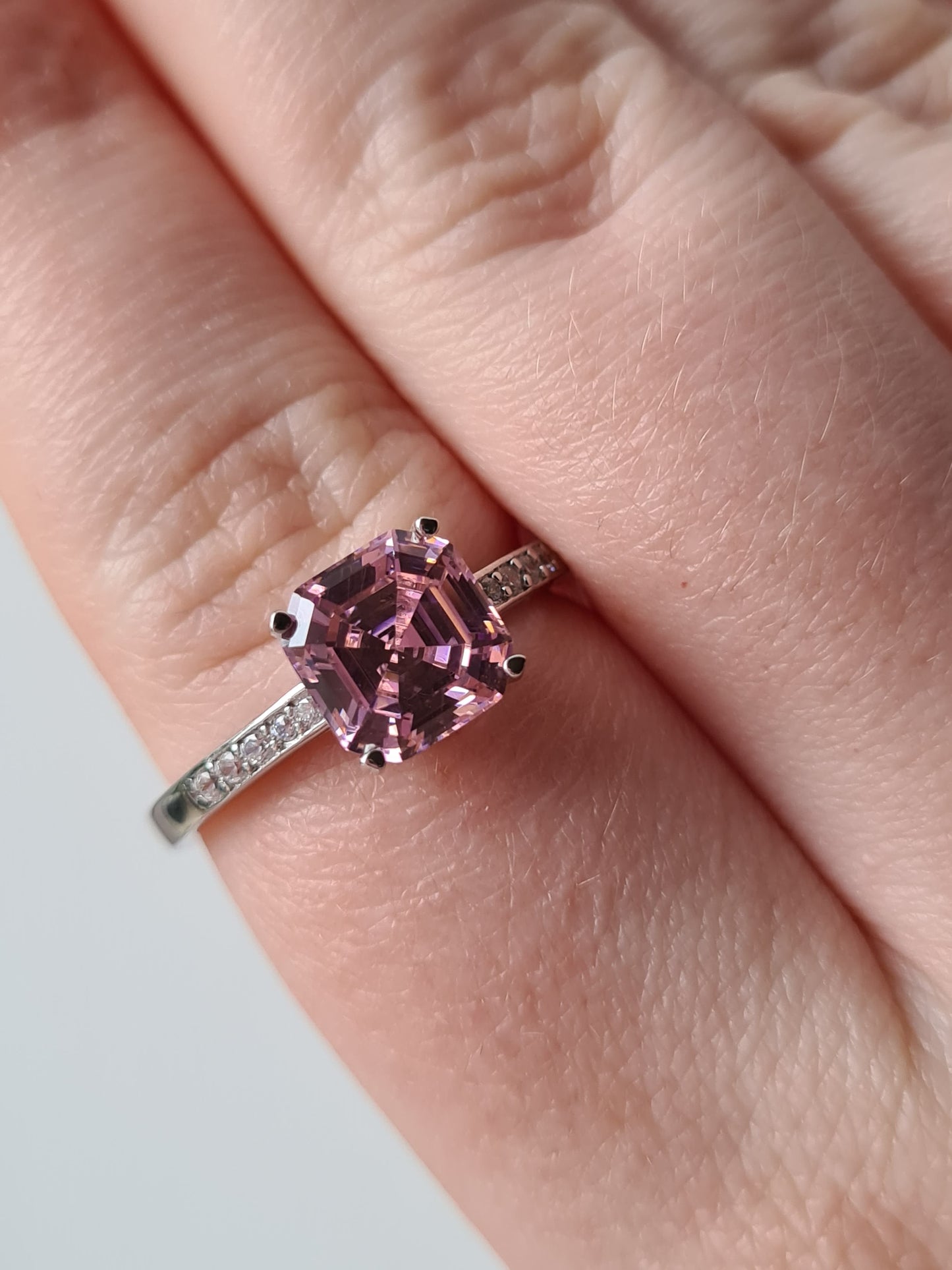 Ascher cut Simulated pink Diamond Ring 925 Sterling Silver SIZE S
