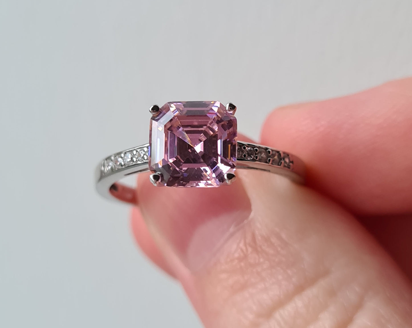 Ascher cut Simulated pink Diamond Ring 925 Sterling Silver SIZE S