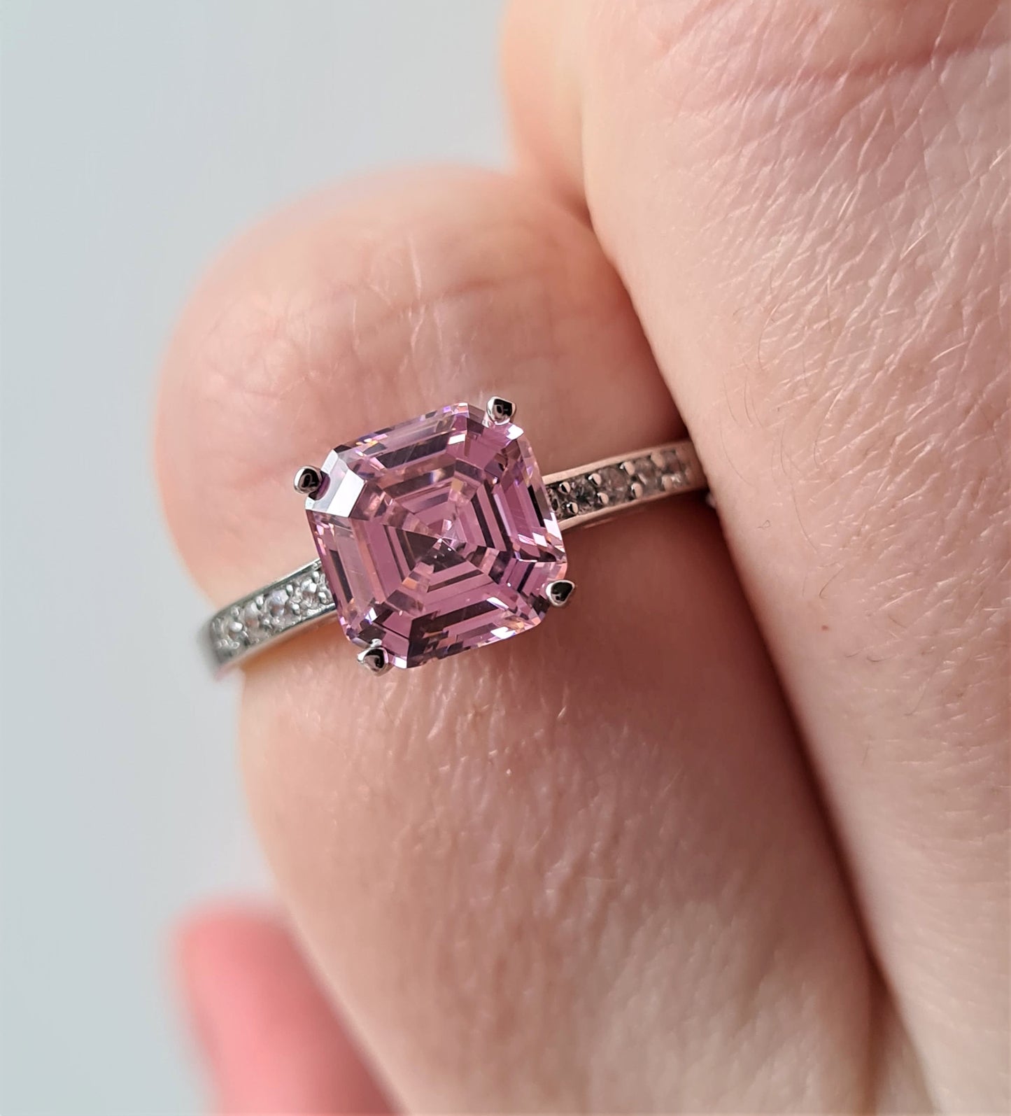 Ascher cut Simulated pink Diamond Ring 925 Sterling Silver SIZE S