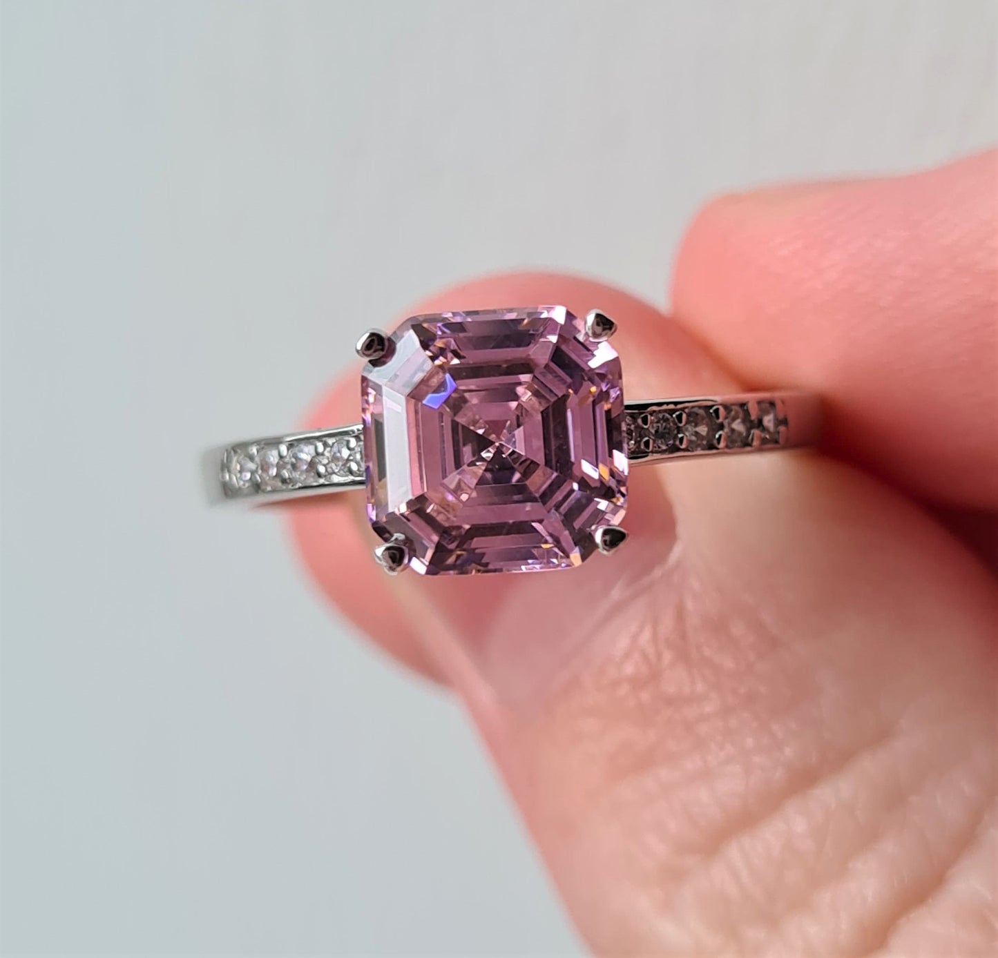 Ascher cut Simulated pink Diamond Ring 925 Sterling Silver SIZE S