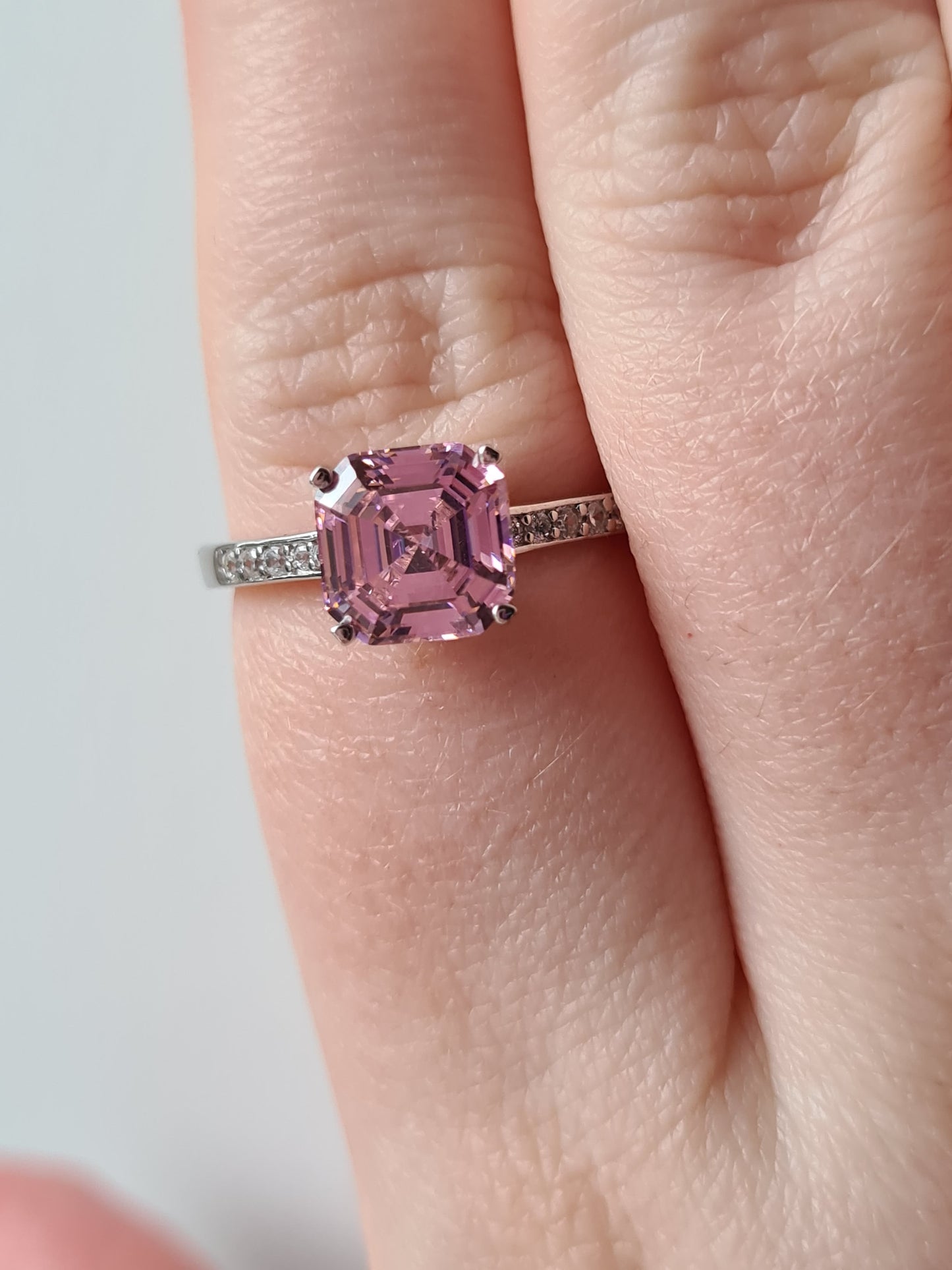 Ascher cut Simulated pink Diamond Ring 925 Sterling Silver SIZE S