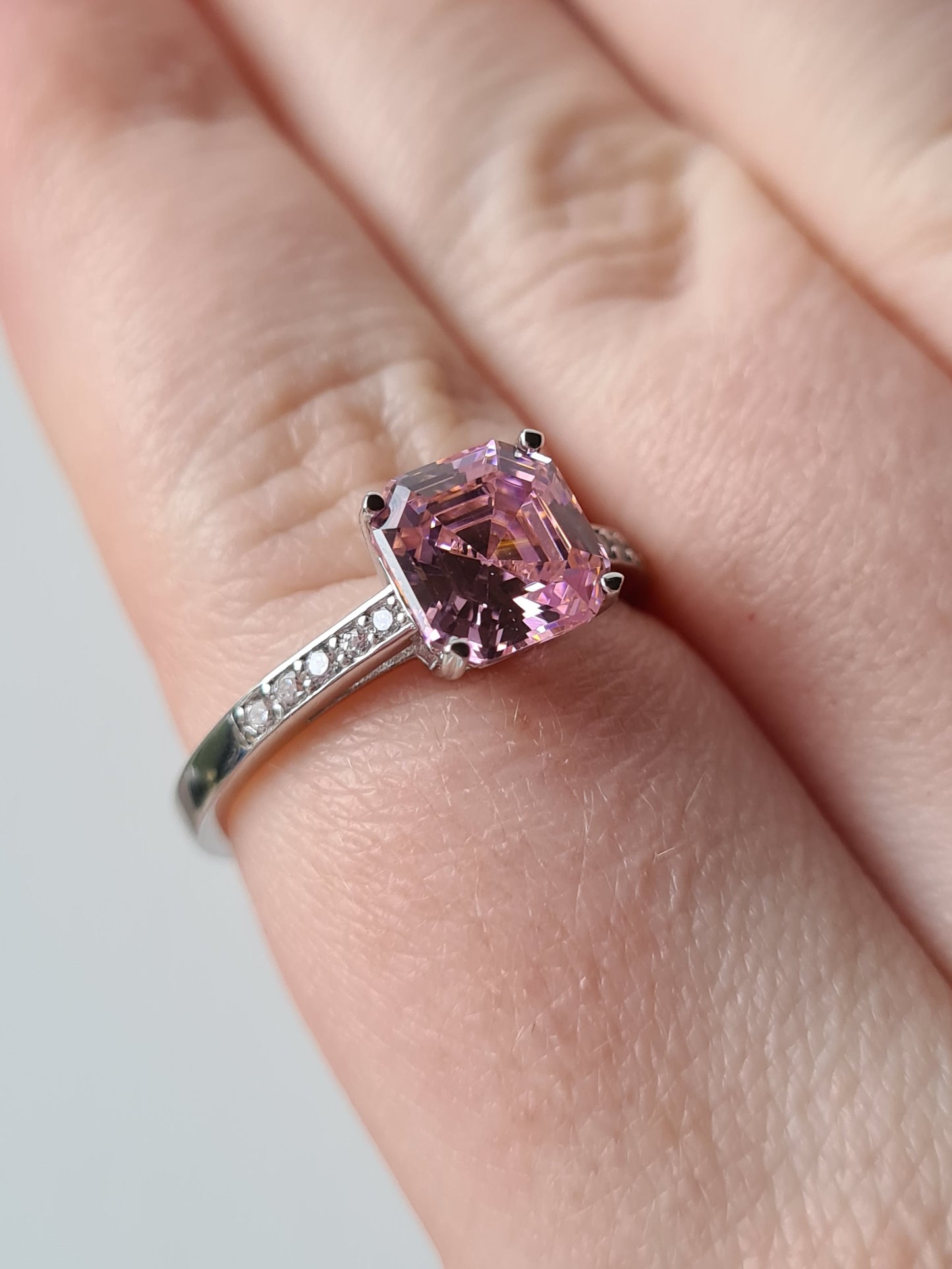 Ascher cut Simulated pink Diamond Ring 925 Sterling Silver SIZE S