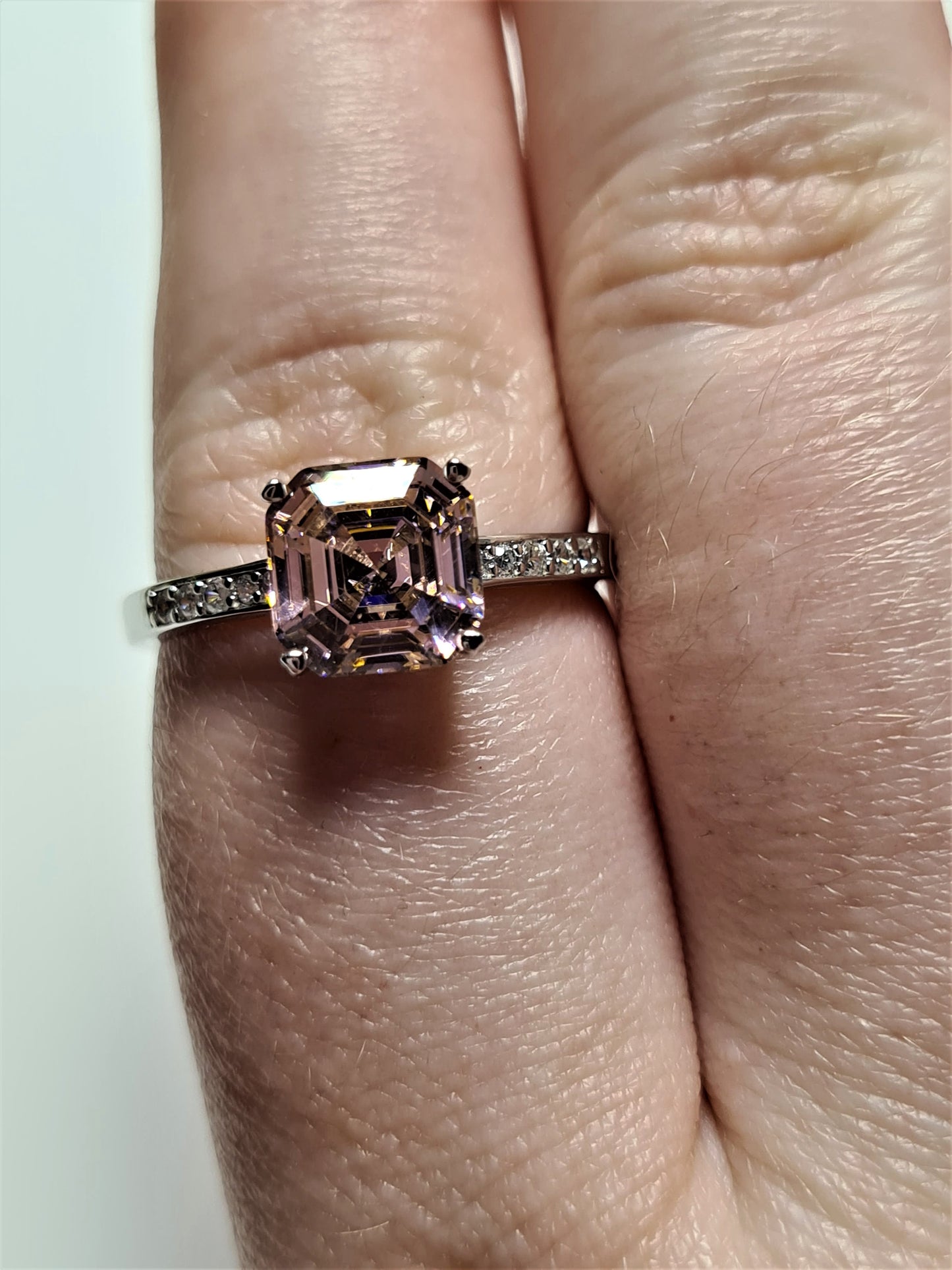Ascher cut Simulated pink Diamond Ring 925 Sterling Silver SIZE S