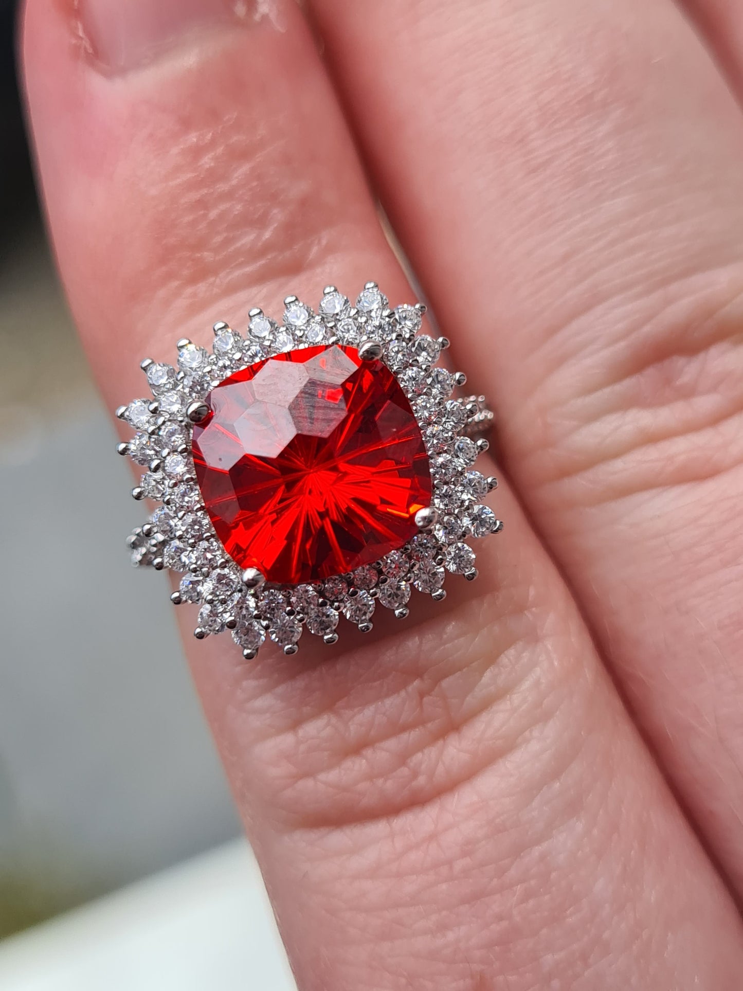 Halo Simulated Orange Sapphire Ring with Simulated Diamonds Sterling Silver SIZE L