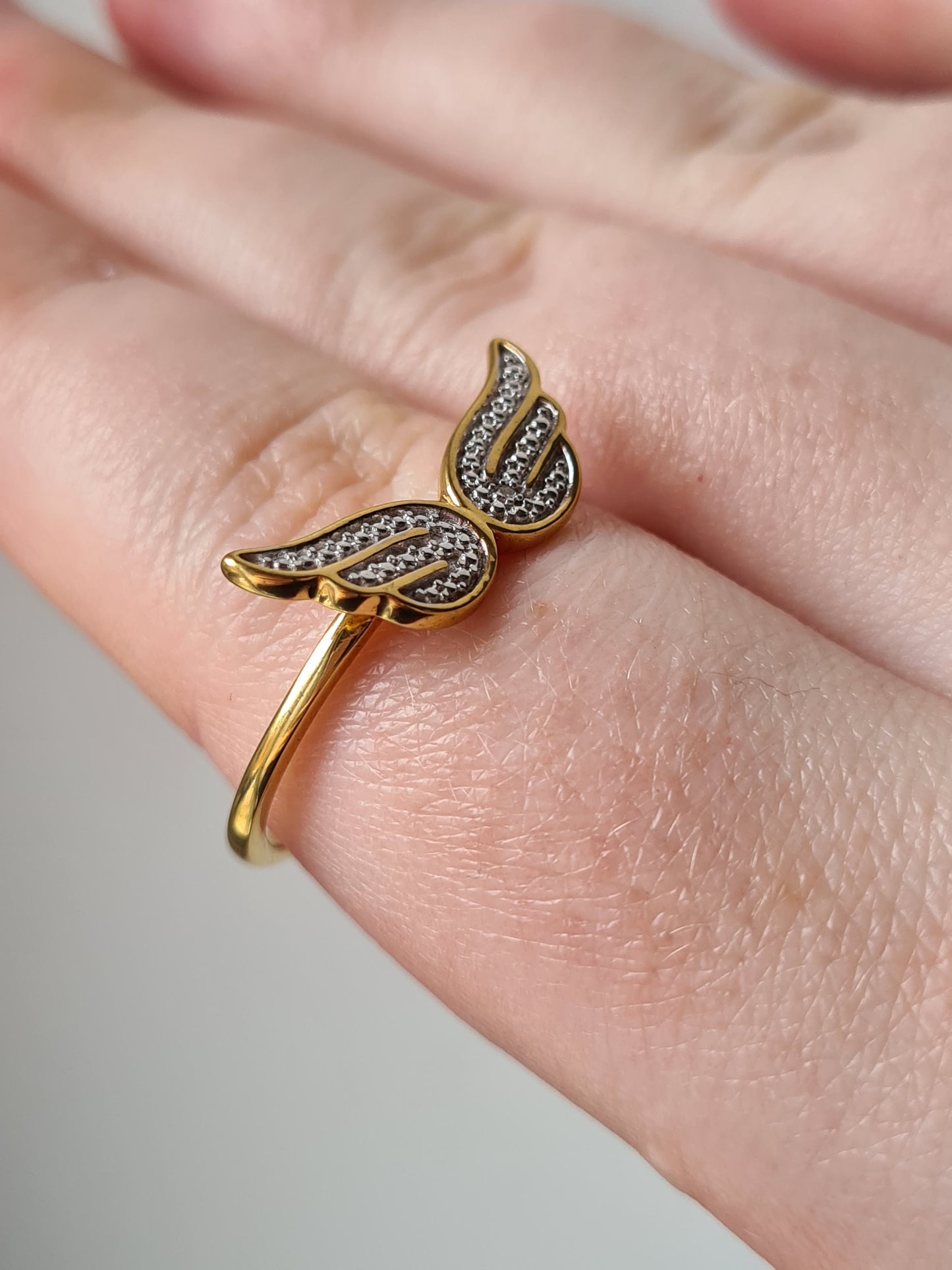 Diamond Angel Wing Ring in 14K Gold Over Sterling Silver SIZE U