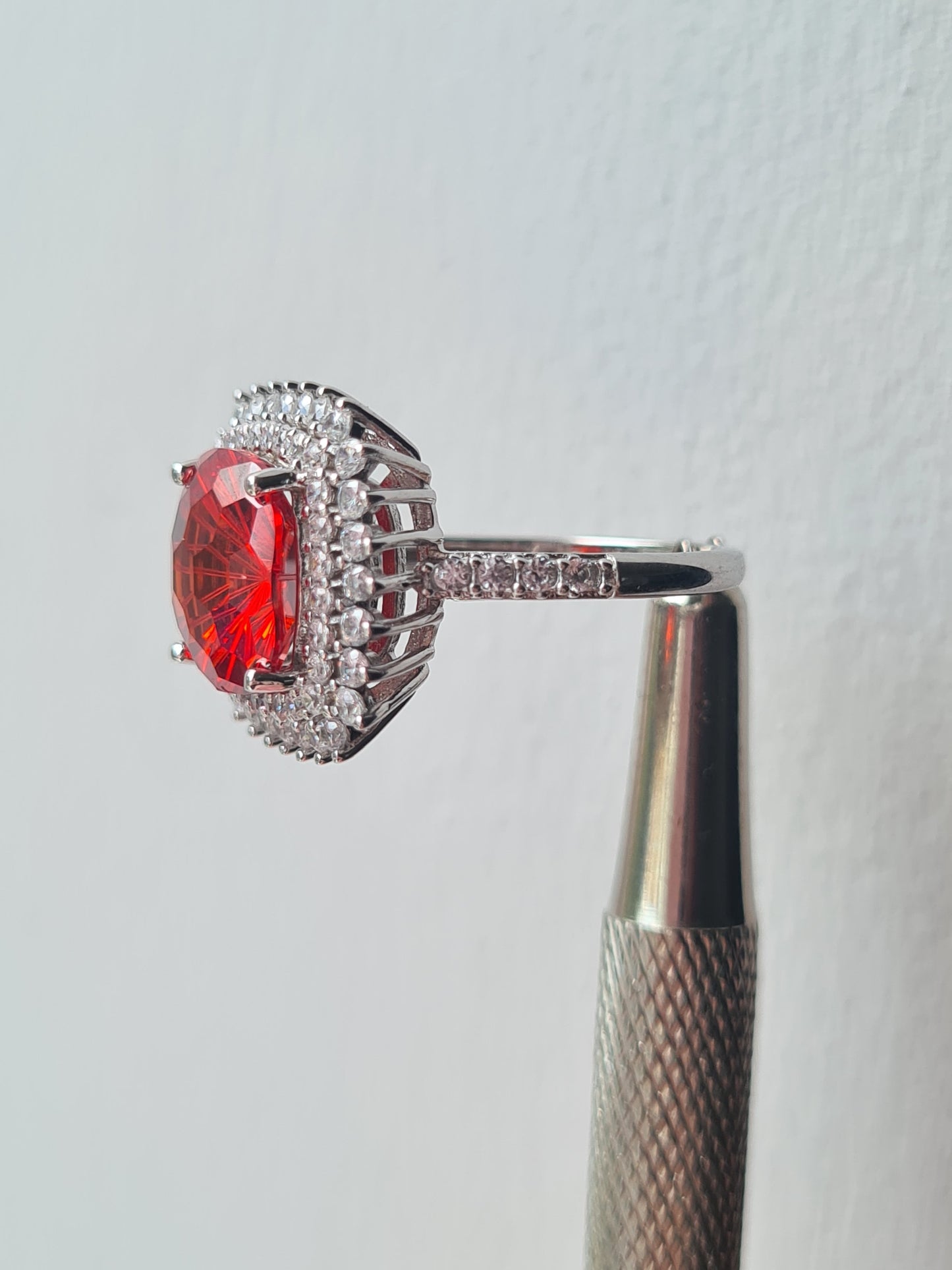 Halo Simulated Orange Sapphire Ring with Simulated Diamonds Sterling Silver SIZE L