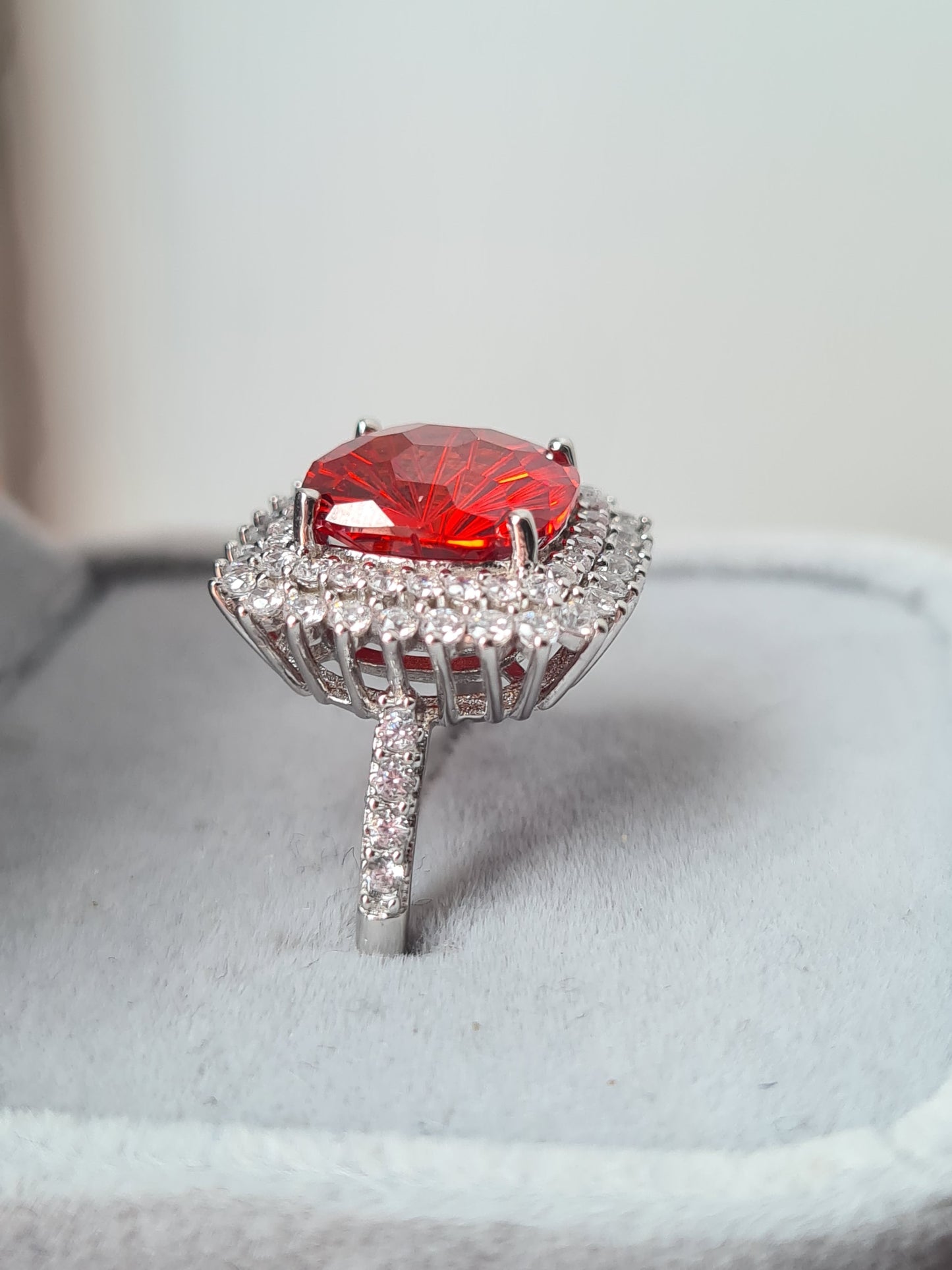 Halo Simulated Orange Sapphire Ring with Simulated Diamonds Sterling Silver SIZE L