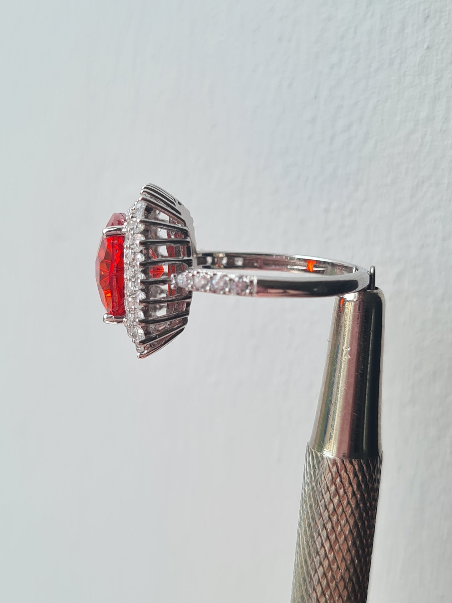 Halo Simulated Orange Sapphire Ring with Simulated Diamonds Sterling Silver SIZE L