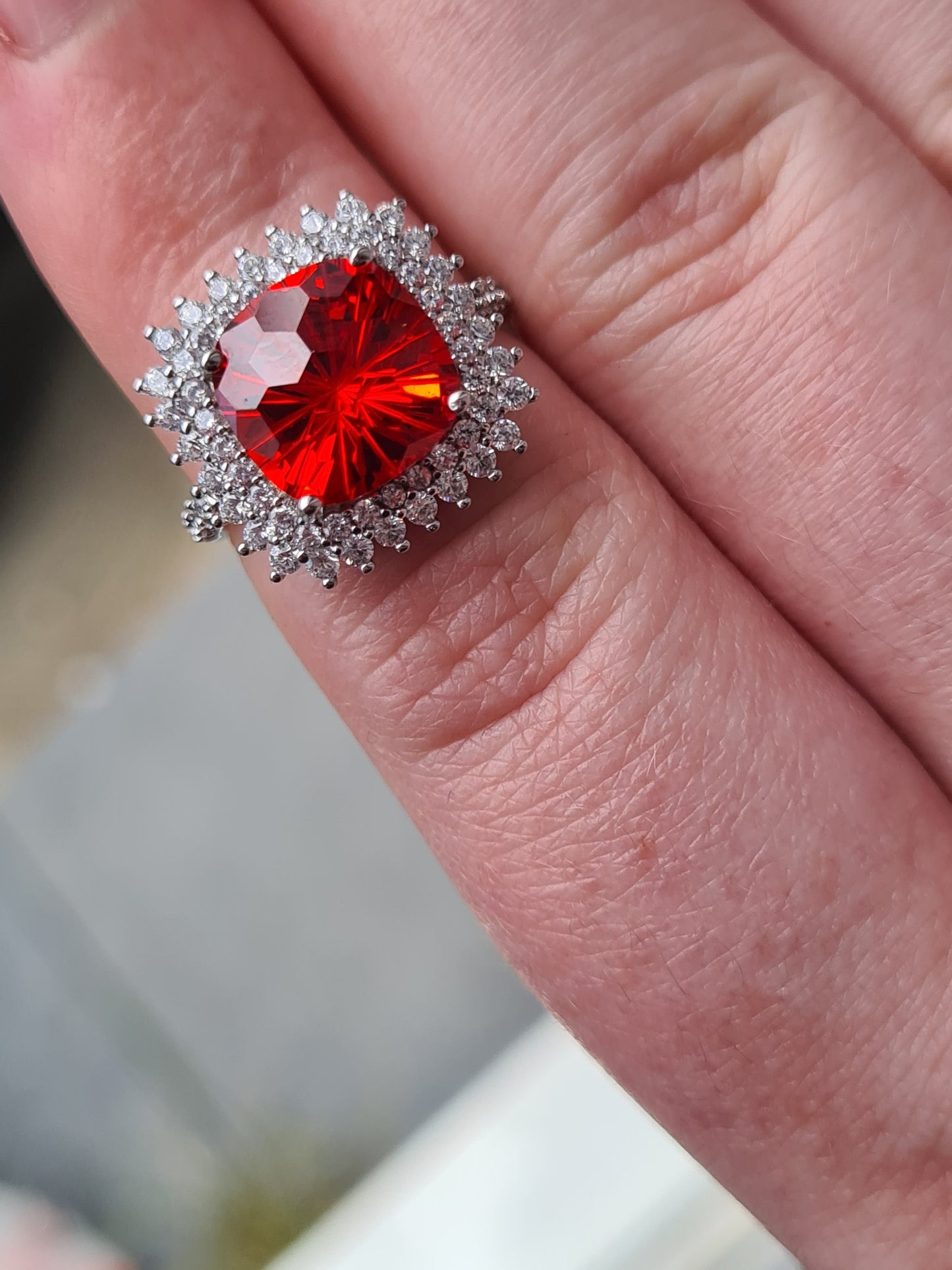 Halo Simulated Orange Sapphire Ring with Simulated Diamonds Sterling Silver SIZE L