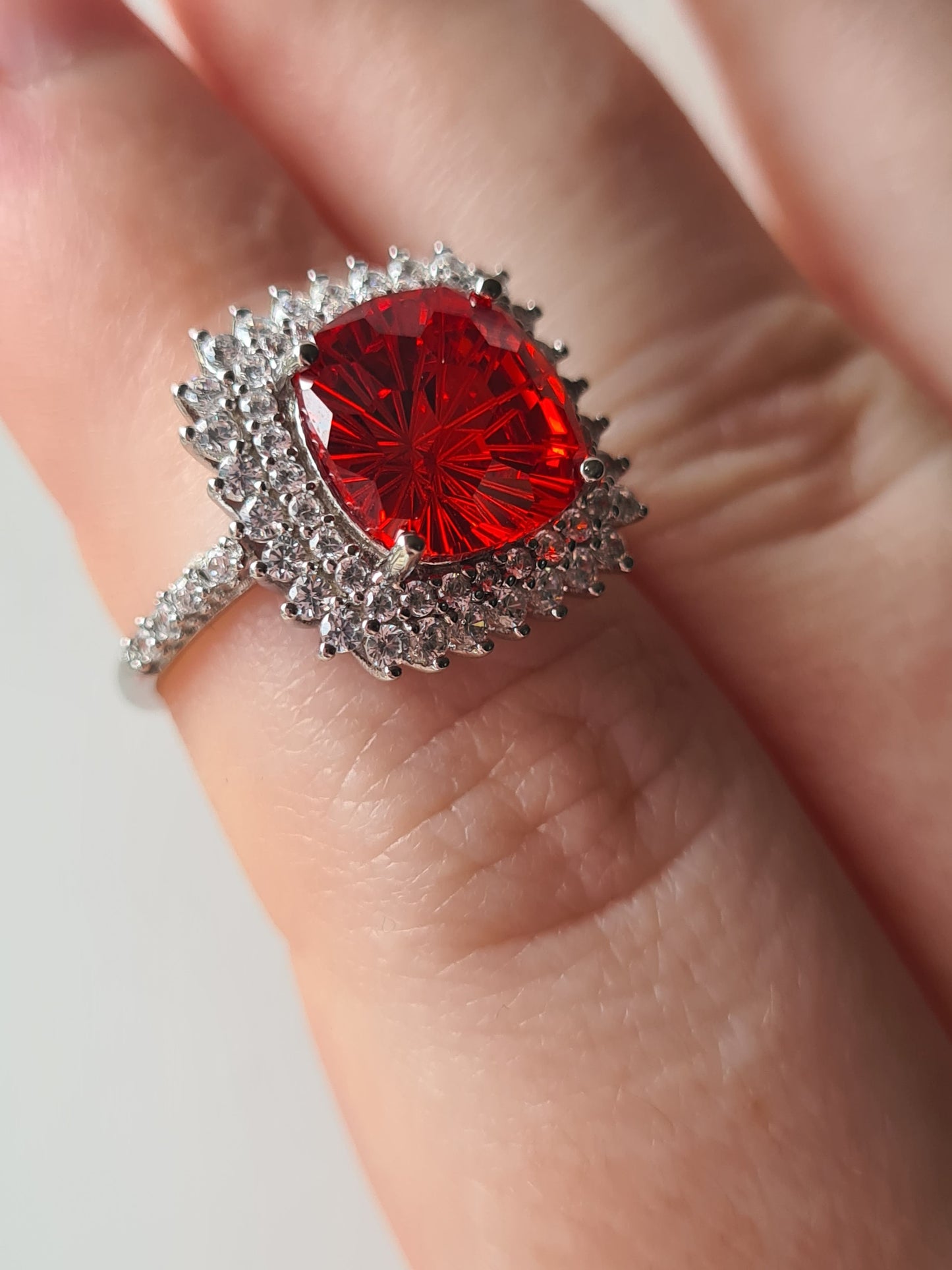 Halo Simulated Orange Sapphire Ring with Simulated Diamonds Sterling Silver SIZE L