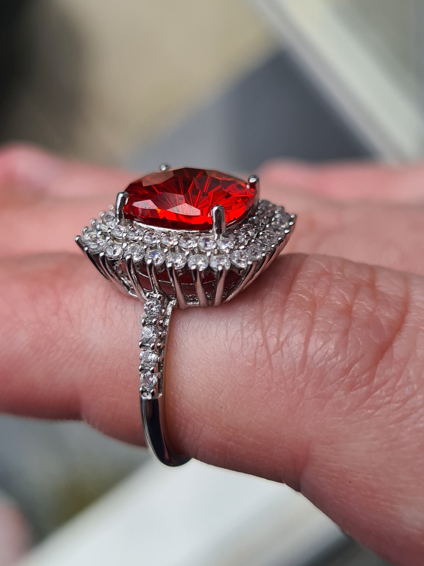 Halo Simulated Orange Sapphire Ring with Simulated Diamonds Sterling Silver SIZE L