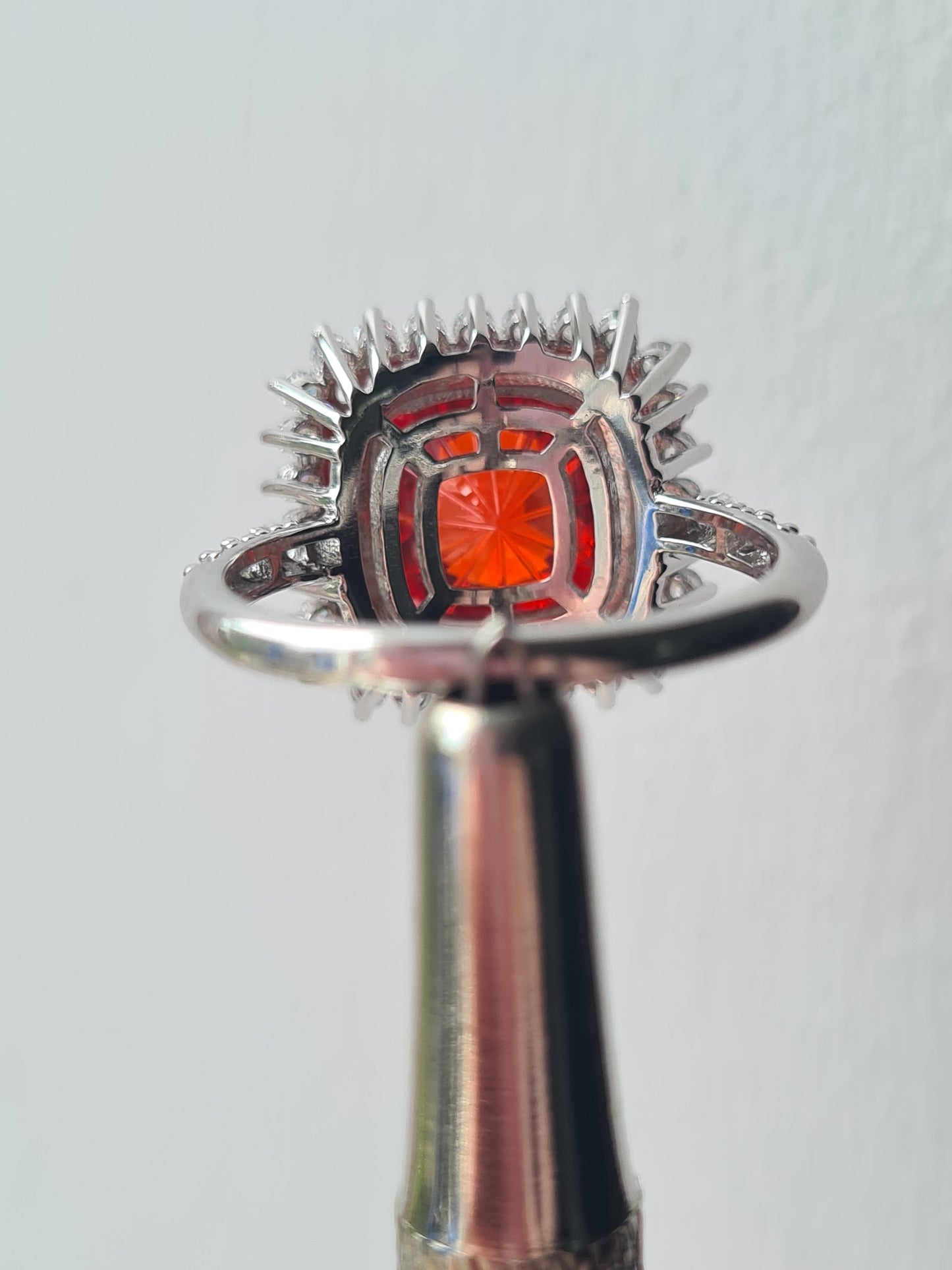 Halo Simulated Orange Sapphire Ring with Simulated Diamonds Sterling Silver SIZE L