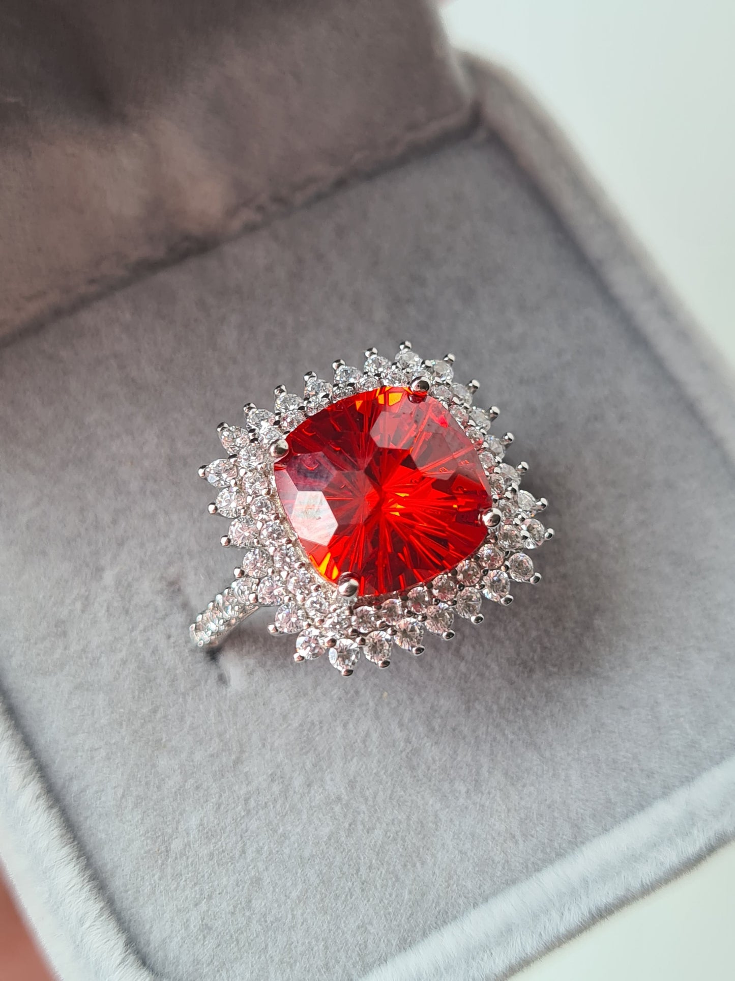 Halo Simulated Orange Sapphire Ring with Simulated Diamonds Sterling Silver SIZE L