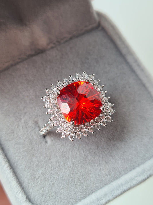 Halo Simulated Orange Sapphire Ring with Simulated Diamonds Sterling Silver SIZE L