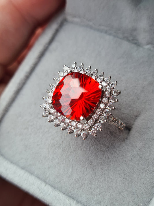 Halo Simulated Orange Sapphire Ring with Simulated Diamonds Sterling Silver SIZE L