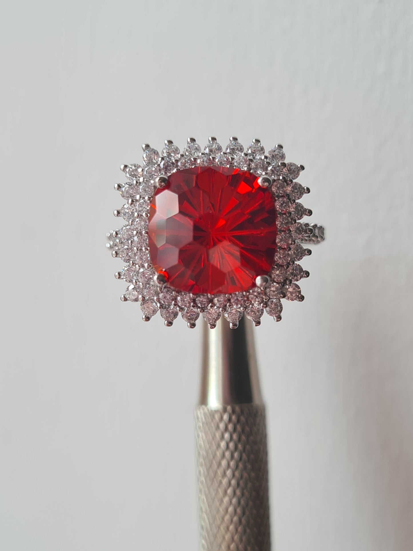 Halo Simulated Orange Sapphire Ring with Simulated Diamonds Sterling Silver SIZE L