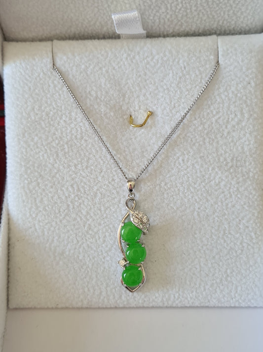 Green Jade and simulated Diamond Necklace 925 Sterling Silver