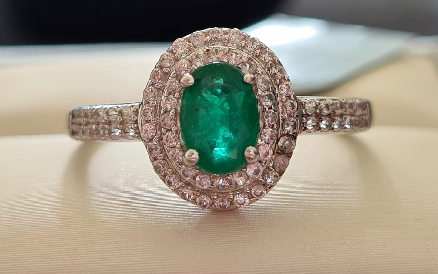 AA Kagem Zambian Emerald, Natural Cambodian Zircon Ring 9K Gold SIZE S
