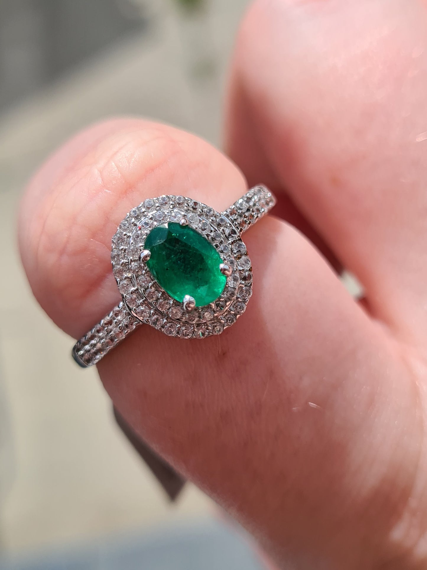 AA Kagem Zambian Emerald, Natural Cambodian Zircon Ring 9K Gold SIZE S