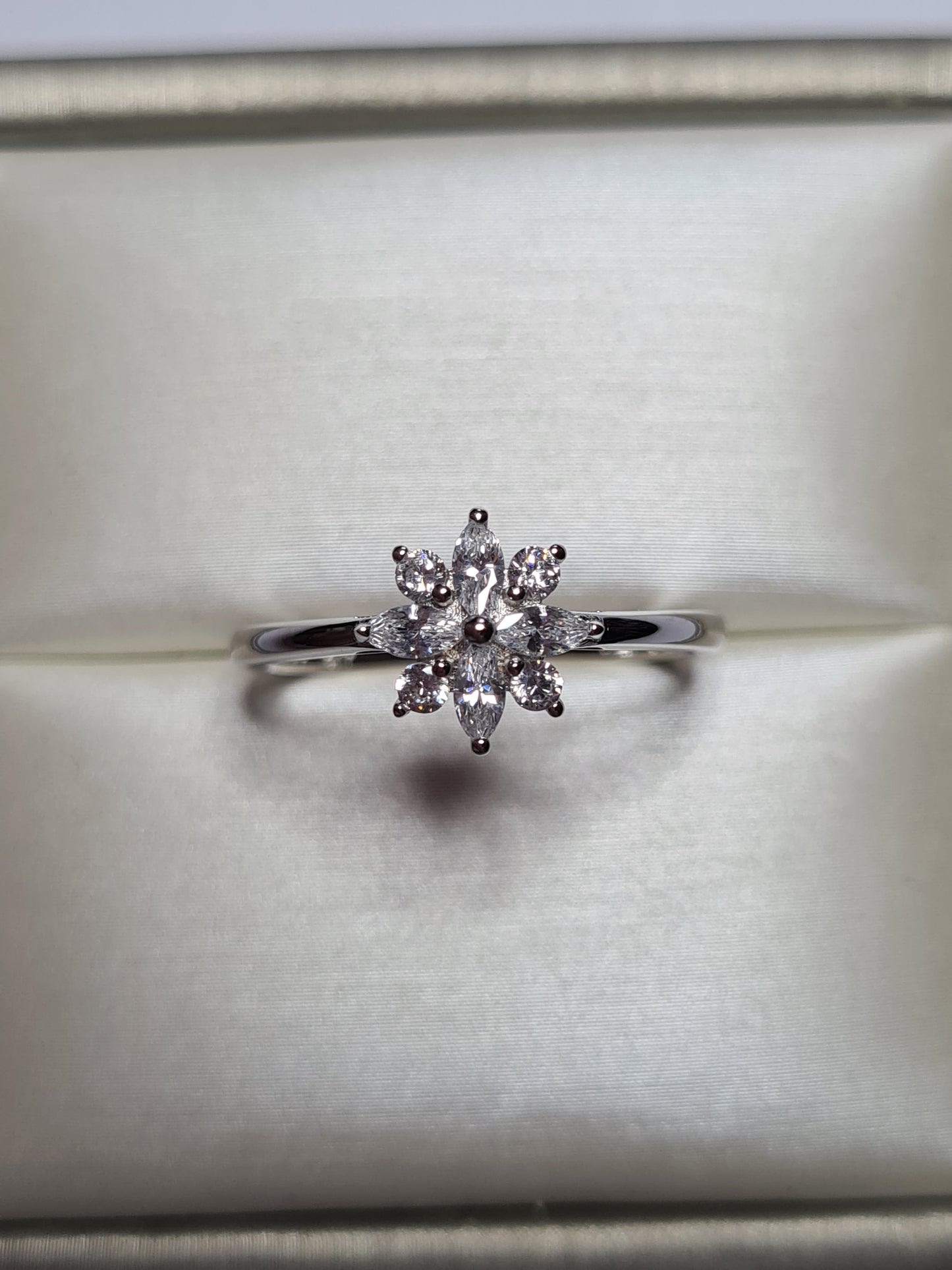 Simulated Diamond Floral Ring Sterling Silver SIZES Q,R