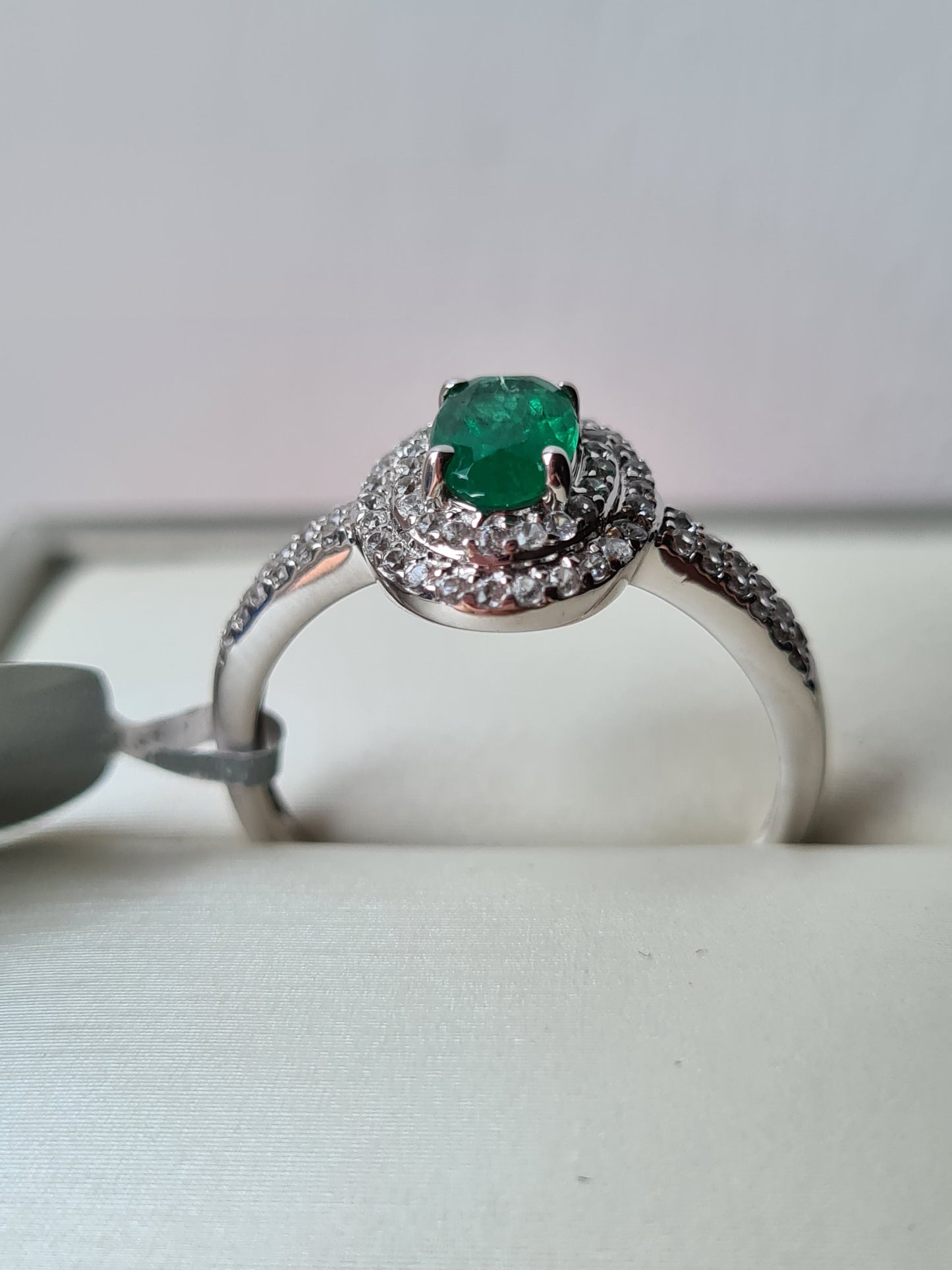 AA Kagem Zambian Emerald, Natural Cambodian Zircon Ring 9K Gold SIZE S