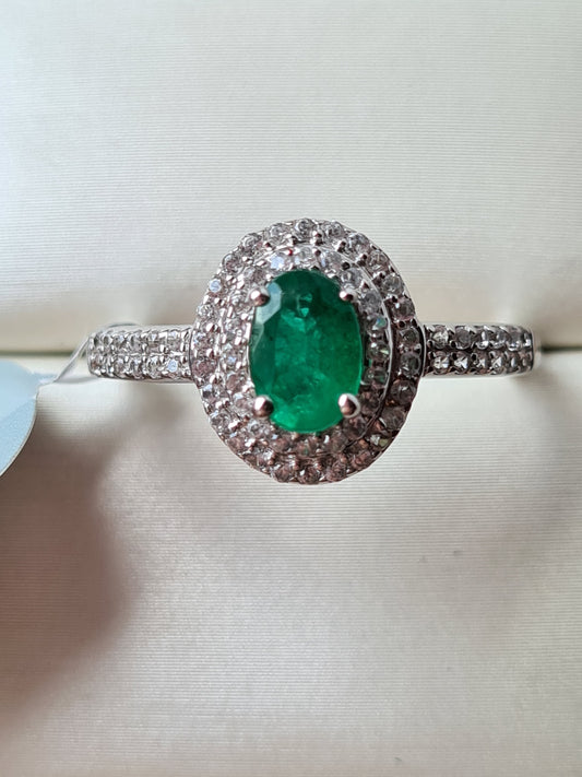 AA Kagem Zambian Emerald, Natural Cambodian Zircon Ring 9K Gold SIZE S
