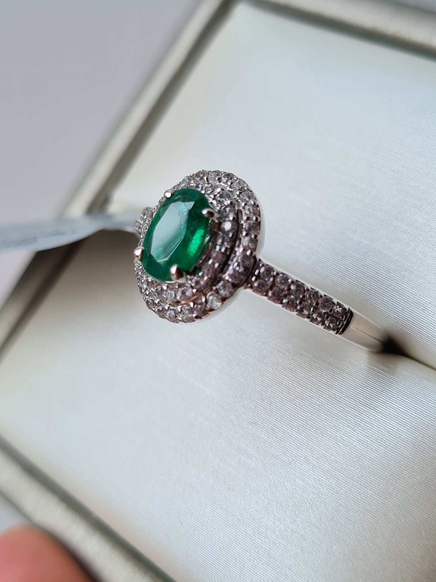 AA Kagem Zambian Emerald, Natural Cambodian Zircon Ring 9K Gold SIZE S