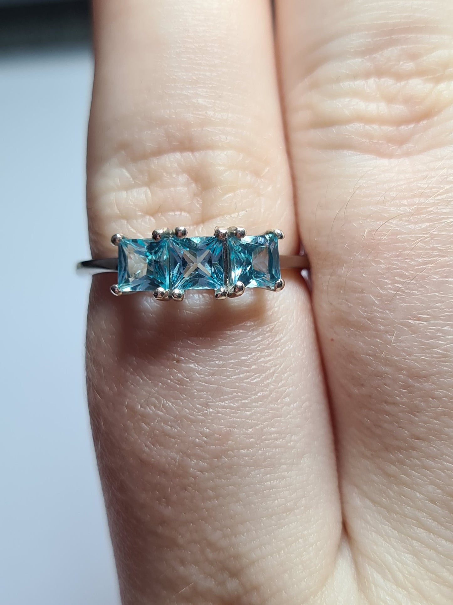Blue Apatite Trilogy Ring Sterling Silver SIZE Q
