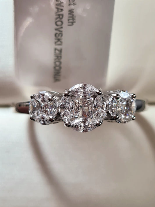 3 Stone Cluster Swarovski Zirconia Ring 925 Sterling Silver SIZES P,Q,R