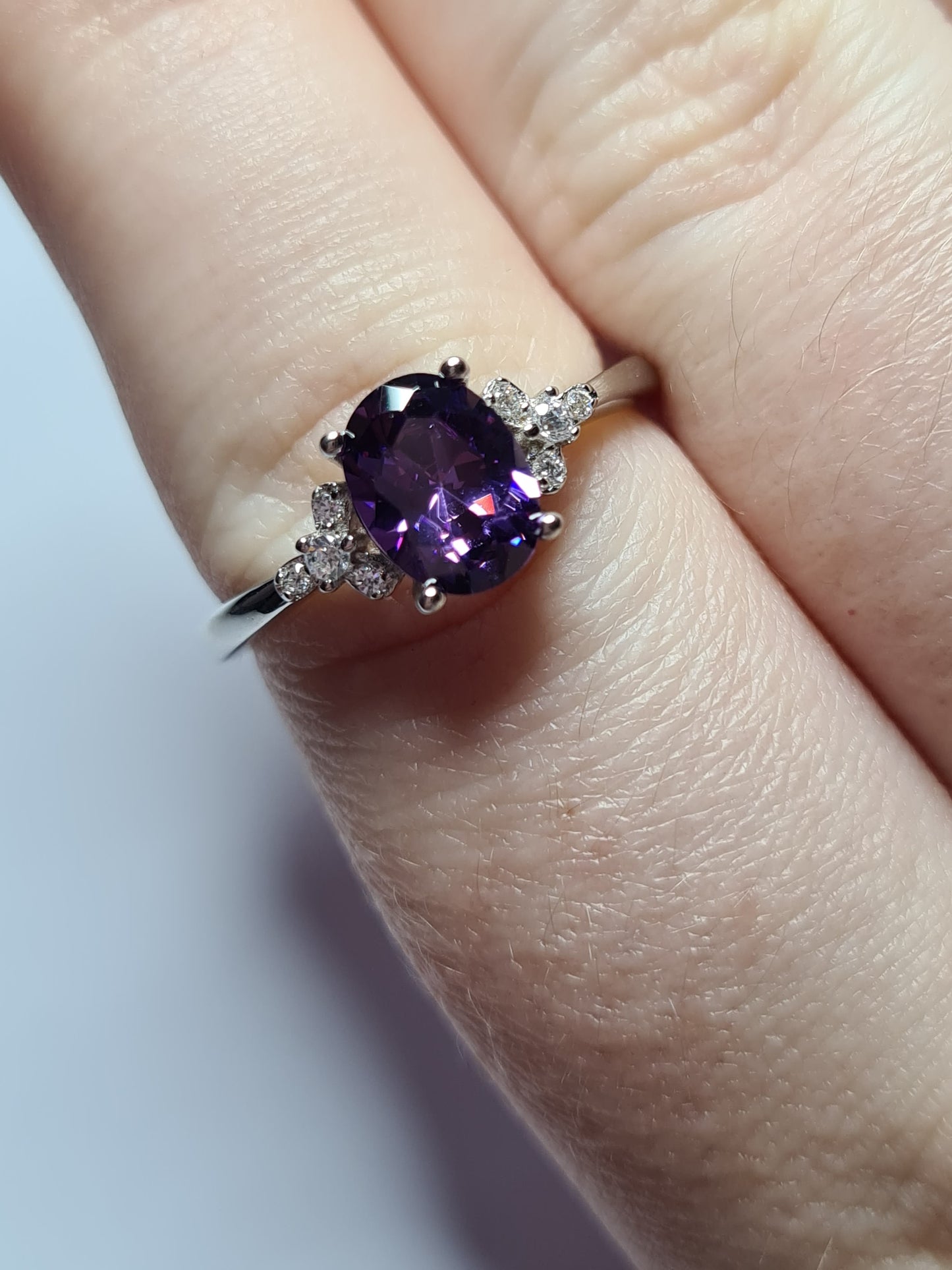 Simulated Amethyst and diamond Ring Sterling Silver SIZE O