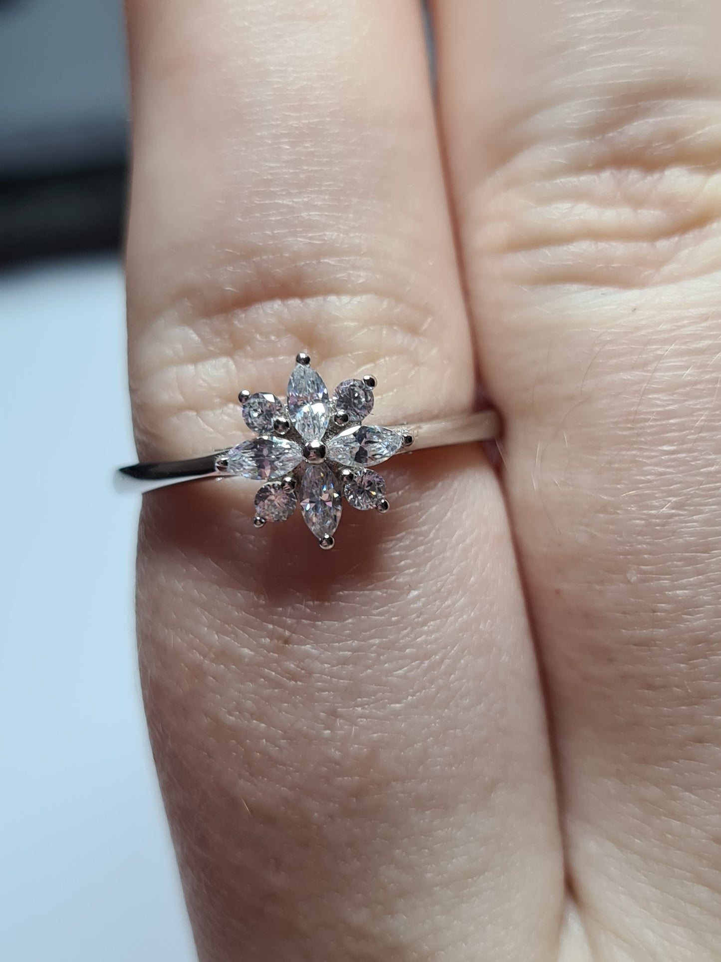 Simulated Diamond Floral Ring Sterling Silver SIZES Q,R