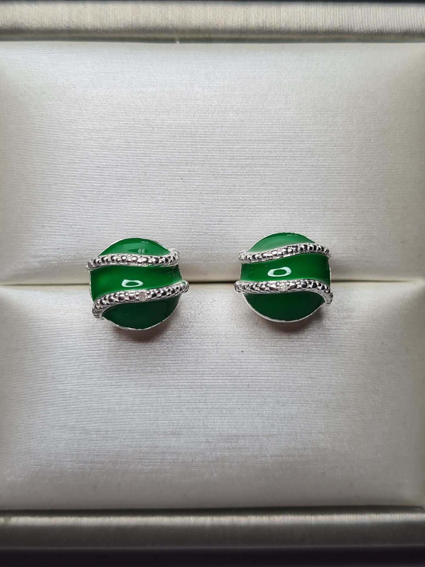 Diamond & Enamel Stud Earrings Sterling Silver