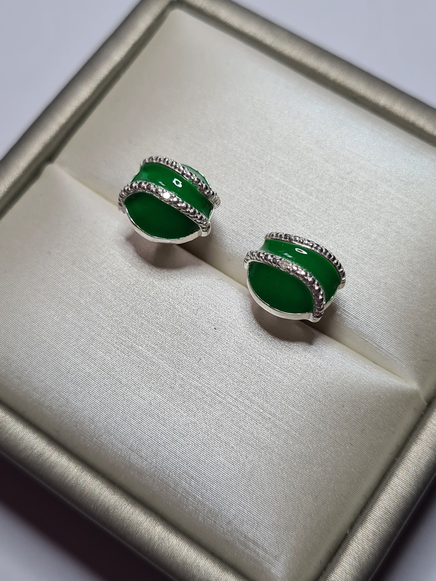 Diamond & Enamel Stud Earrings Sterling Silver