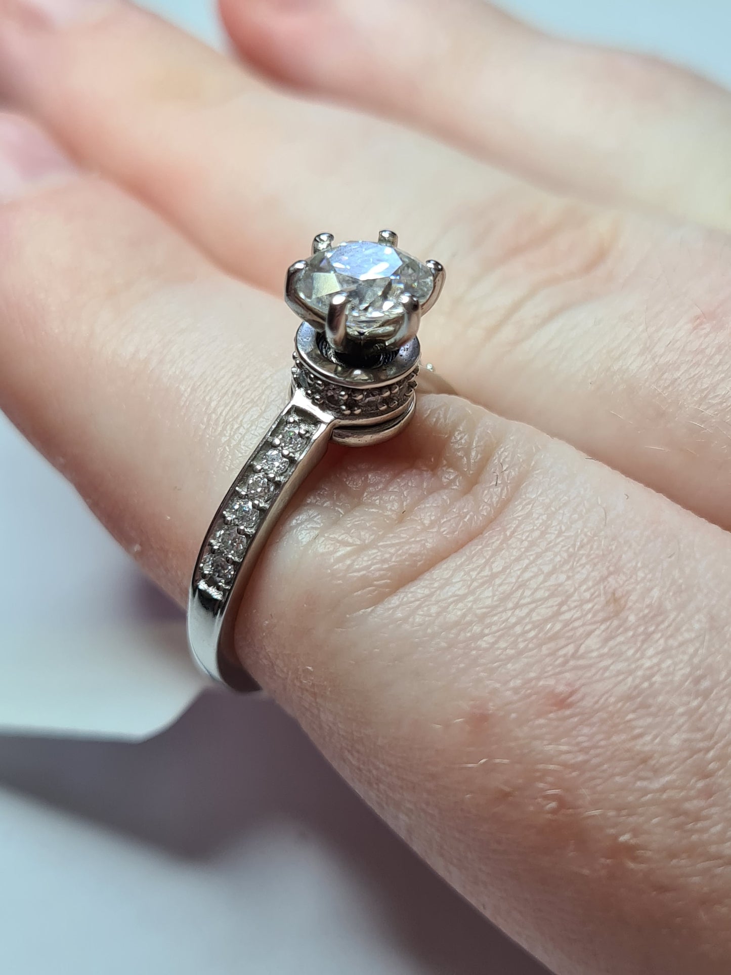 Engagement Halo Spinner Moissanite Ring in Platinum Overlay Sterling Silver SIZES N,O