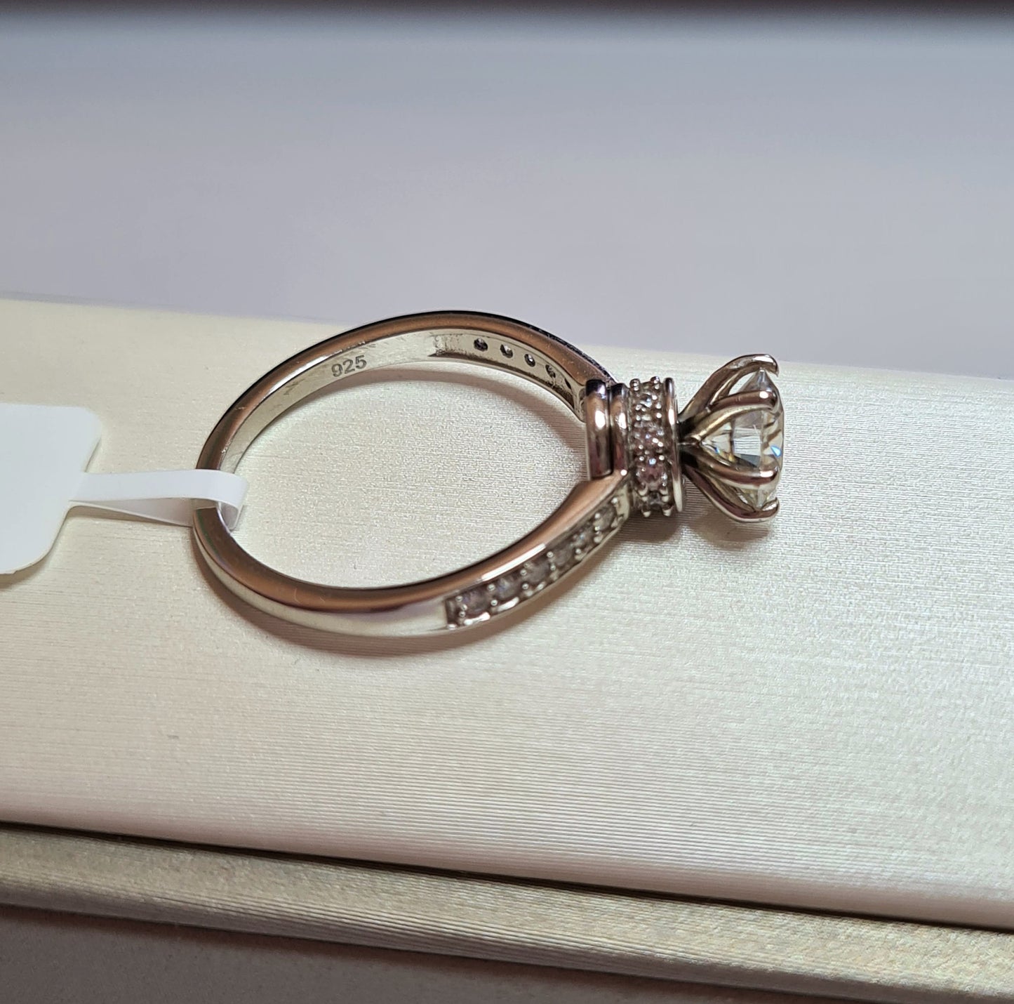 Engagement Halo Spinner Moissanite Ring in Platinum Overlay Sterling Silver SIZES N,O