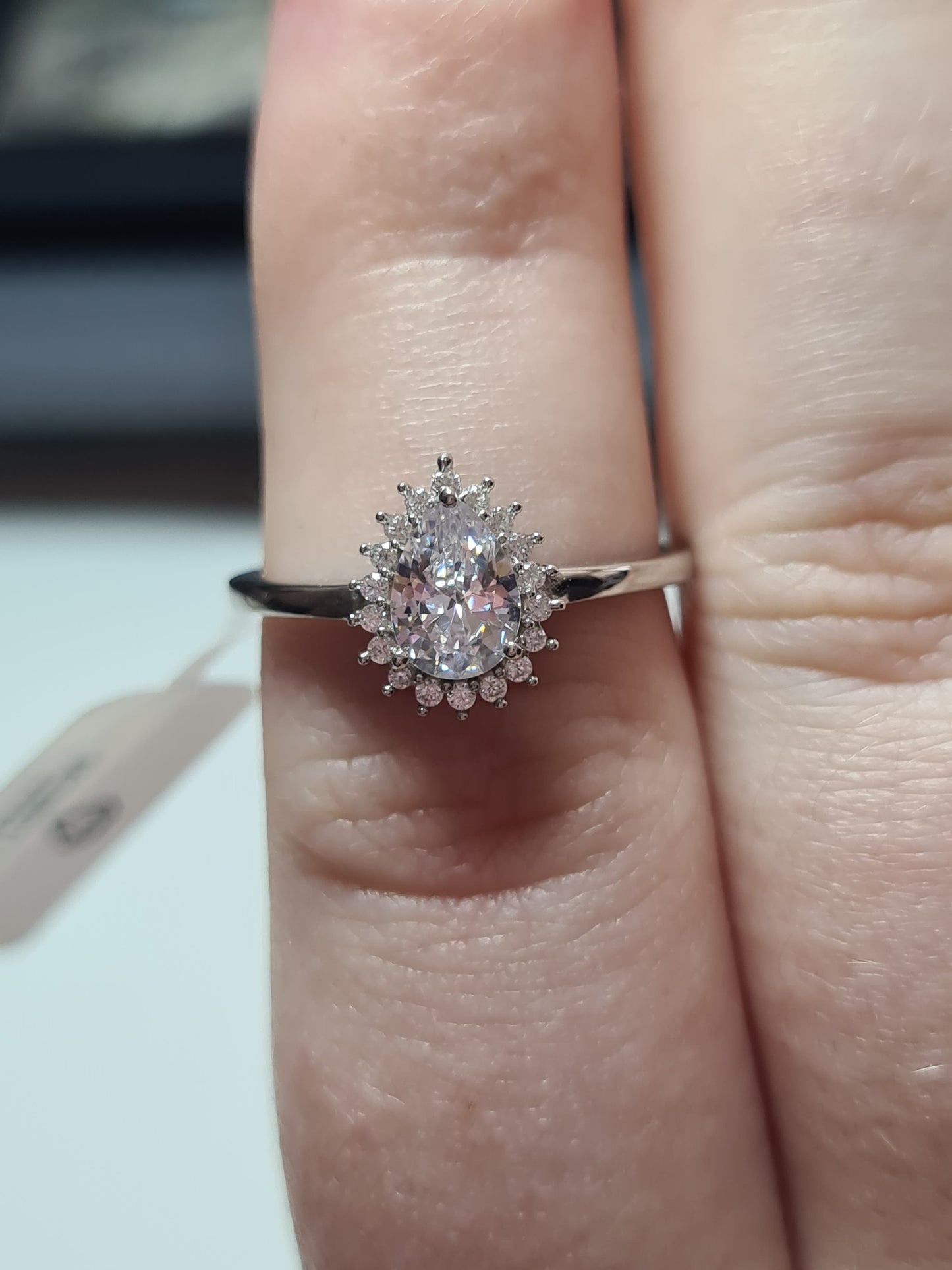 Pear Cut Halo Simulated Diamond Ring Sterling Silver SIZE N,Q