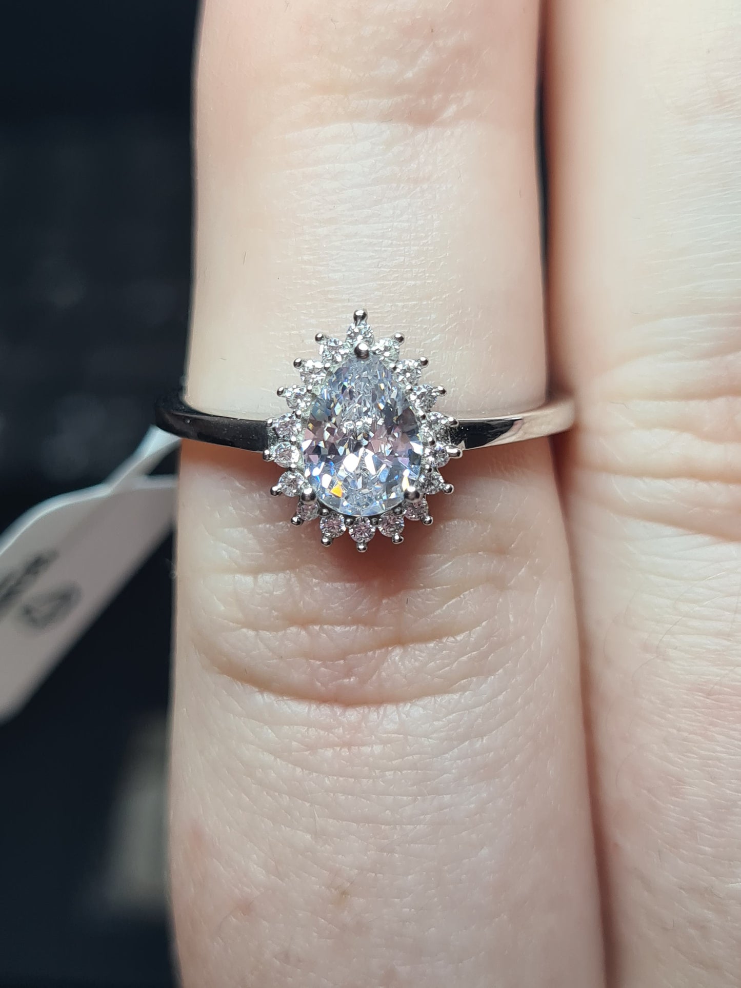 Pear Cut Halo Simulated Diamond Ring Sterling Silver SIZE N,Q