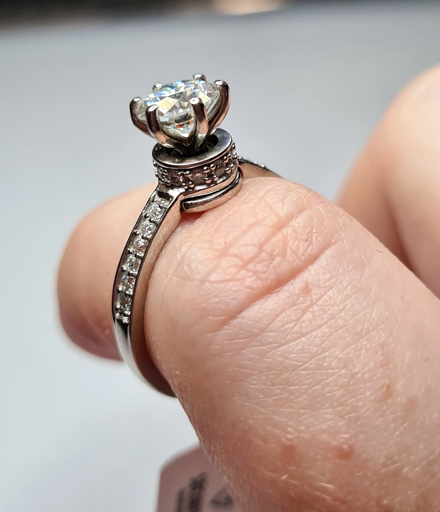 Engagement Halo Spinner Moissanite Ring in Platinum Overlay Sterling Silver SIZES N,O