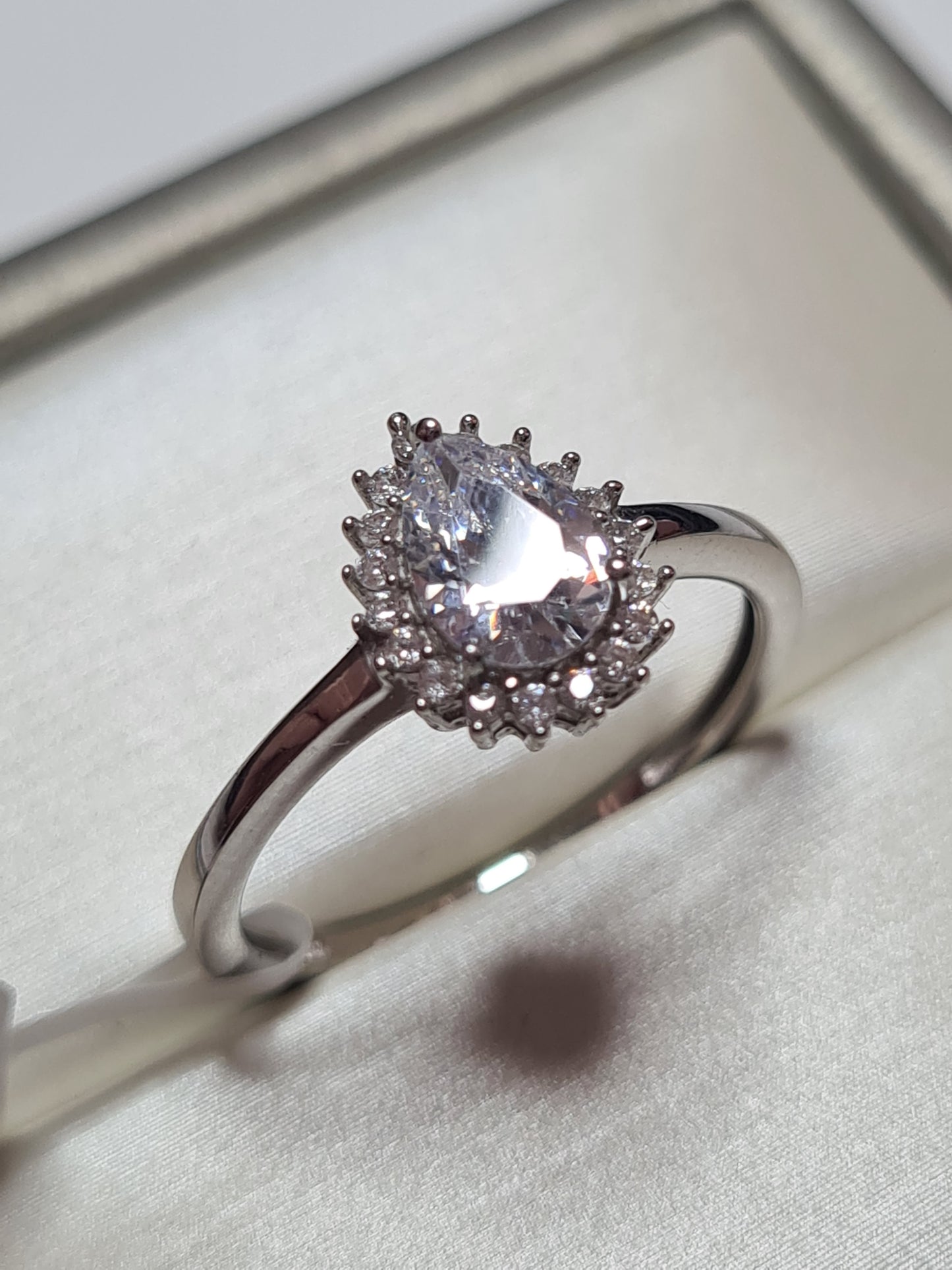 Pear Cut Halo Simulated Diamond Ring Sterling Silver SIZE N,Q