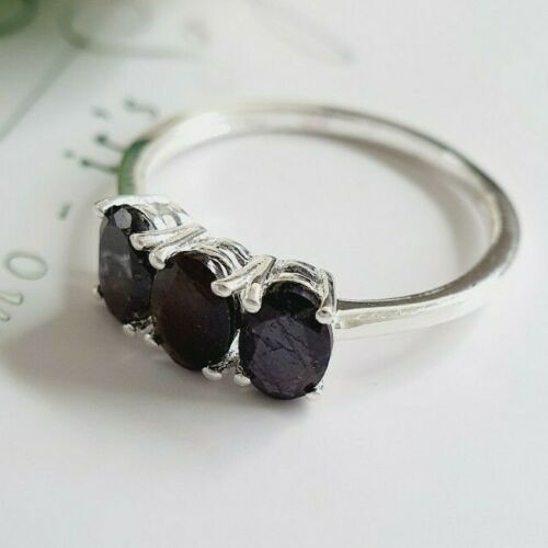 1.780ct Silver Sapphire Trilogy Ring in 925 Sterling Silver SIZE P