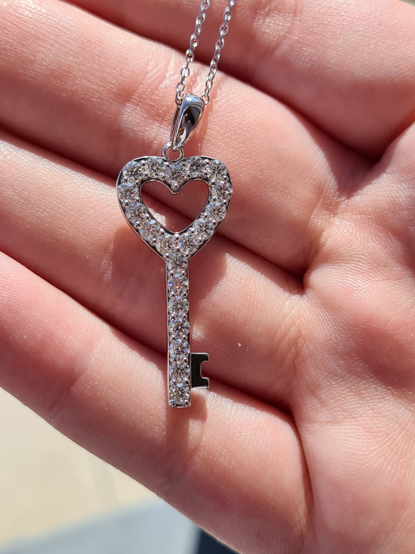Moissanite Heart Key Necklace 925 Sterling Silver