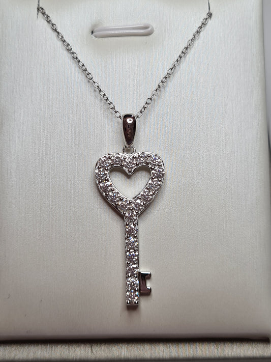 Moissanite Heart Key Necklace 925 Sterling Silver