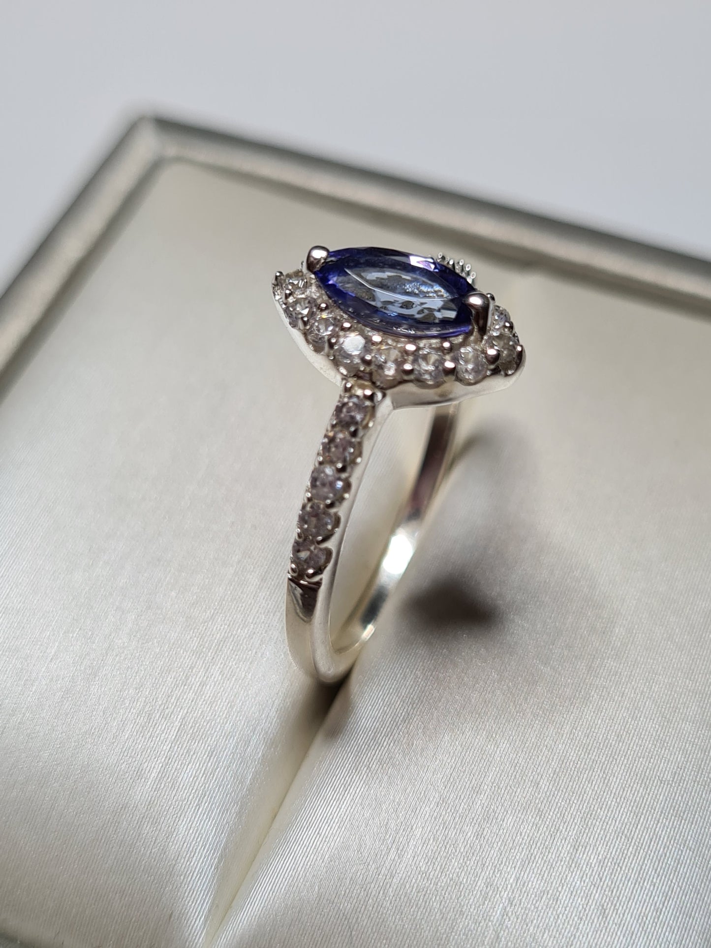Marquise Cut Tanzanite and Natural Cambodian Zircon Ring in Sterling Silver SIZE O