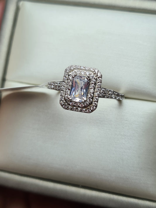 Simulated Square Cut Halo Diamond Ring 925 Sterling Silver SIZE O