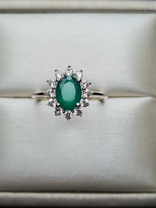 Verde Onyx and Natural Cambodian Zircon Halo Ring SIZE O