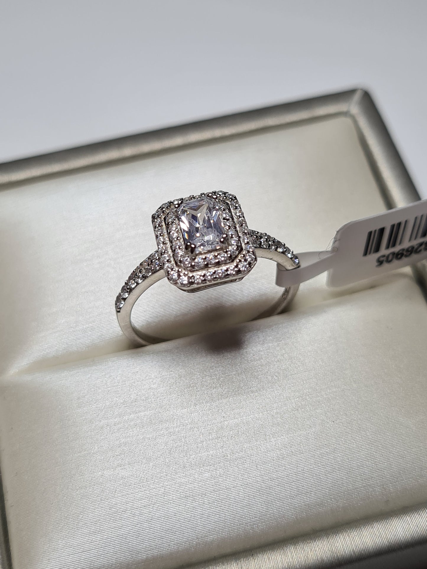 Simulated Square Cut Halo Diamond Ring 925 Sterling Silver SIZE O