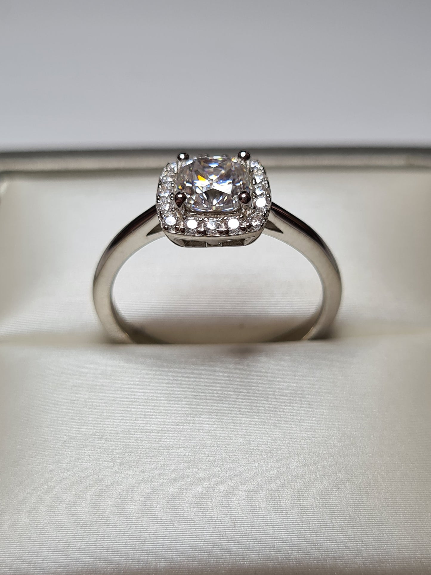 Moissanite Cushion Cut Halo Ring 925 Sterling Silver SIZES L, S