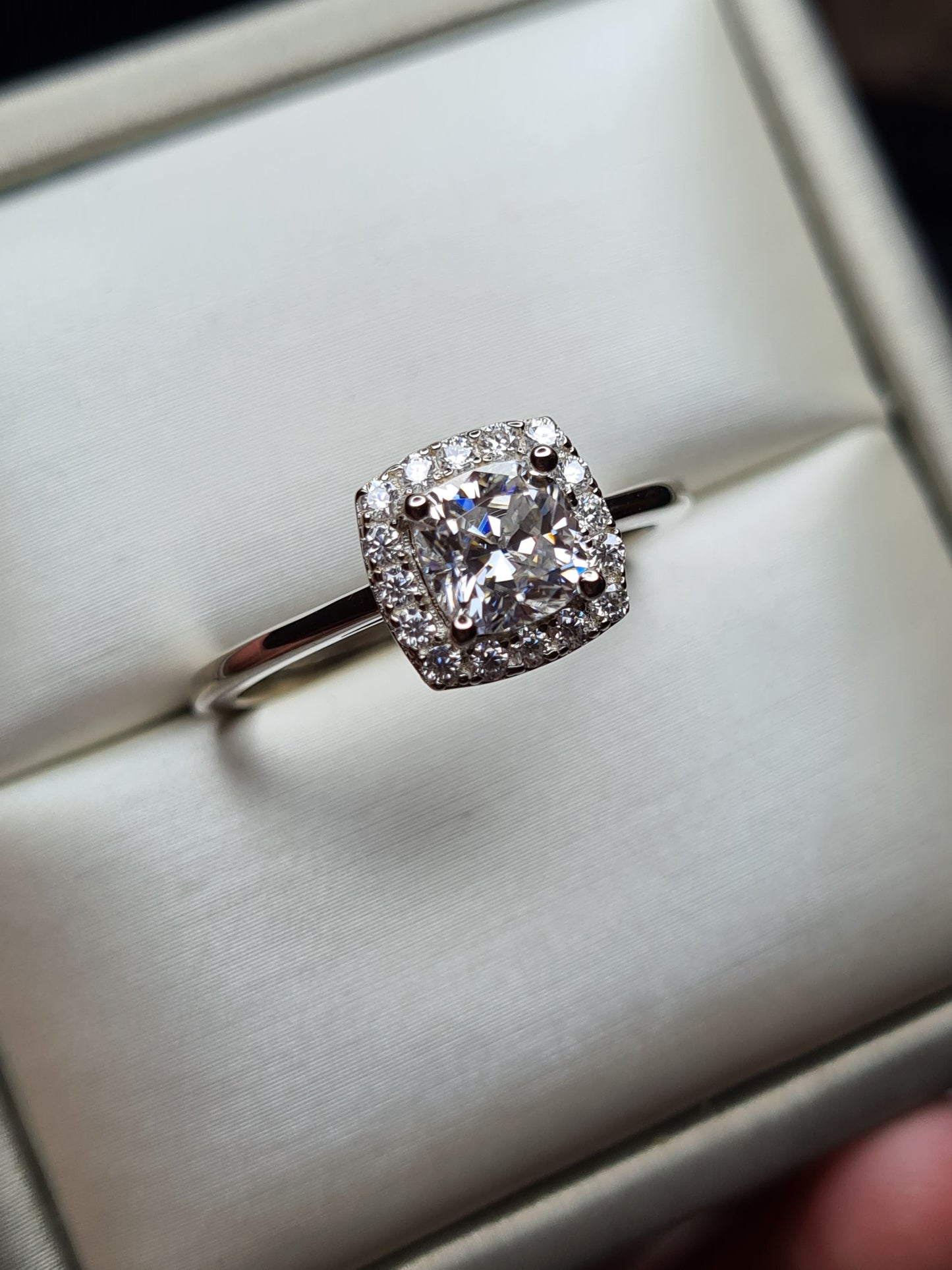 Moissanite Cushion Cut Halo Ring 925 Sterling Silver SIZES L, S