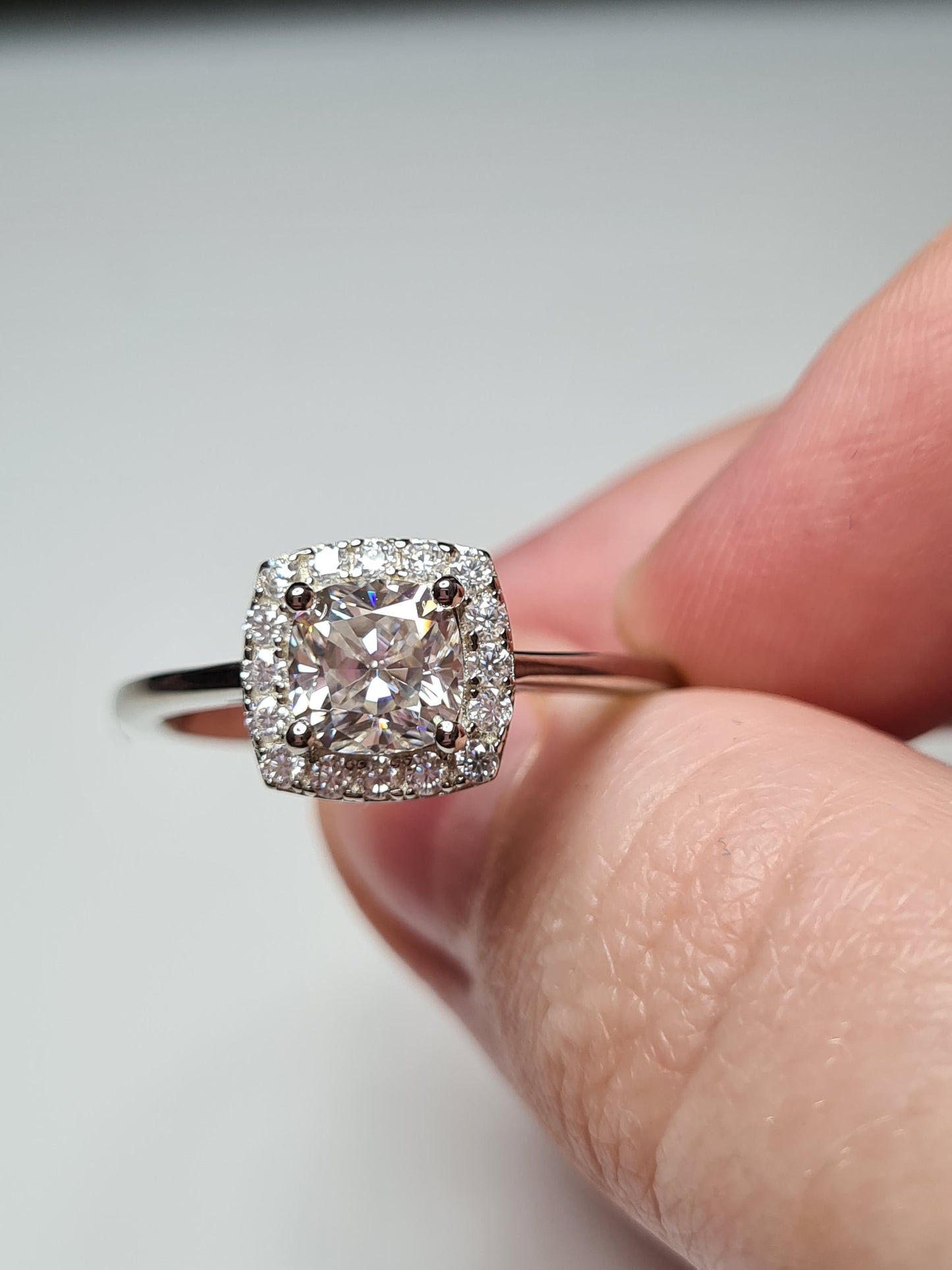 Moissanite Cushion Cut Halo Ring 925 Sterling Silver SIZES L, S