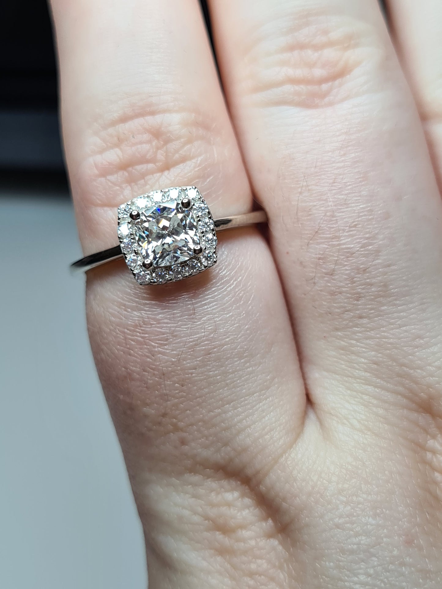 Moissanite Cushion Cut Halo Ring 925 Sterling Silver SIZES L, S